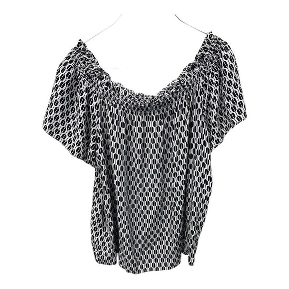 Kate Spade Top XL Black White Off The Shoulder Tasseled Rayon Smocked Blouse - Picture 2 of 4